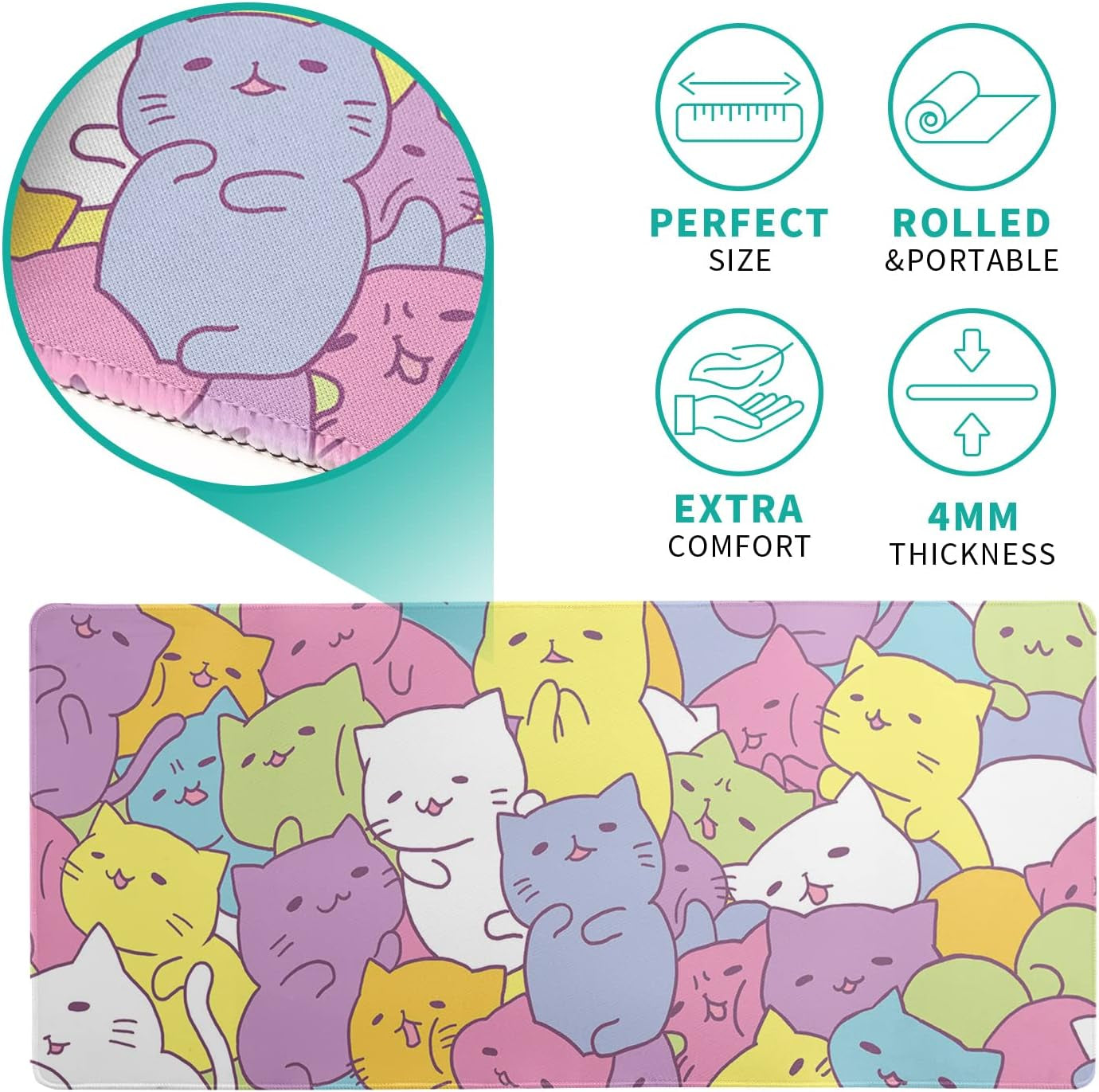 Kawaii Cats Gaming Mouse Pad, Extended Large Mouse Mat Desk Pad, Big Computer Keyboard Desk Pad, Stitched Edges Mousepad, 3Mm Thick Long Non-Slip Rubber Base Mice Pad, 31.5 X 11.8 Inch1