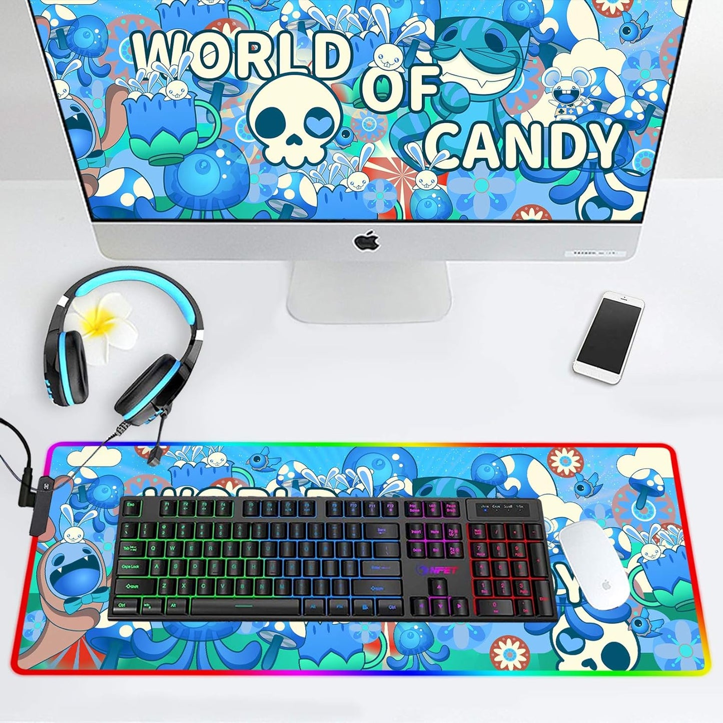 RGB Gaming Mouse Pad Large Anime LED Graffiti Mousepads Desk Mat for PC Laptop 31.5×11.8 Inches (Blue)