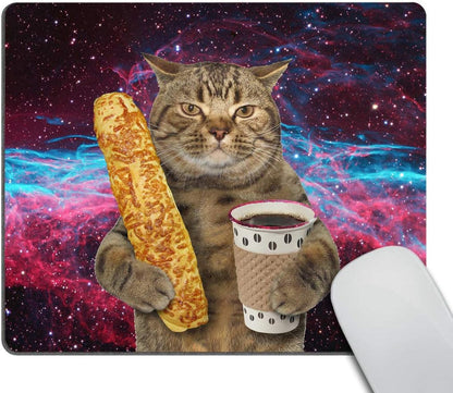 Funny Cat Mousepad,The Cat Is Holding a Cup of Black Coffee and a Baguette with Galaxy Design Customized Rectangle Non-Slip Rubber Mousepad Gaming Mouse Pad