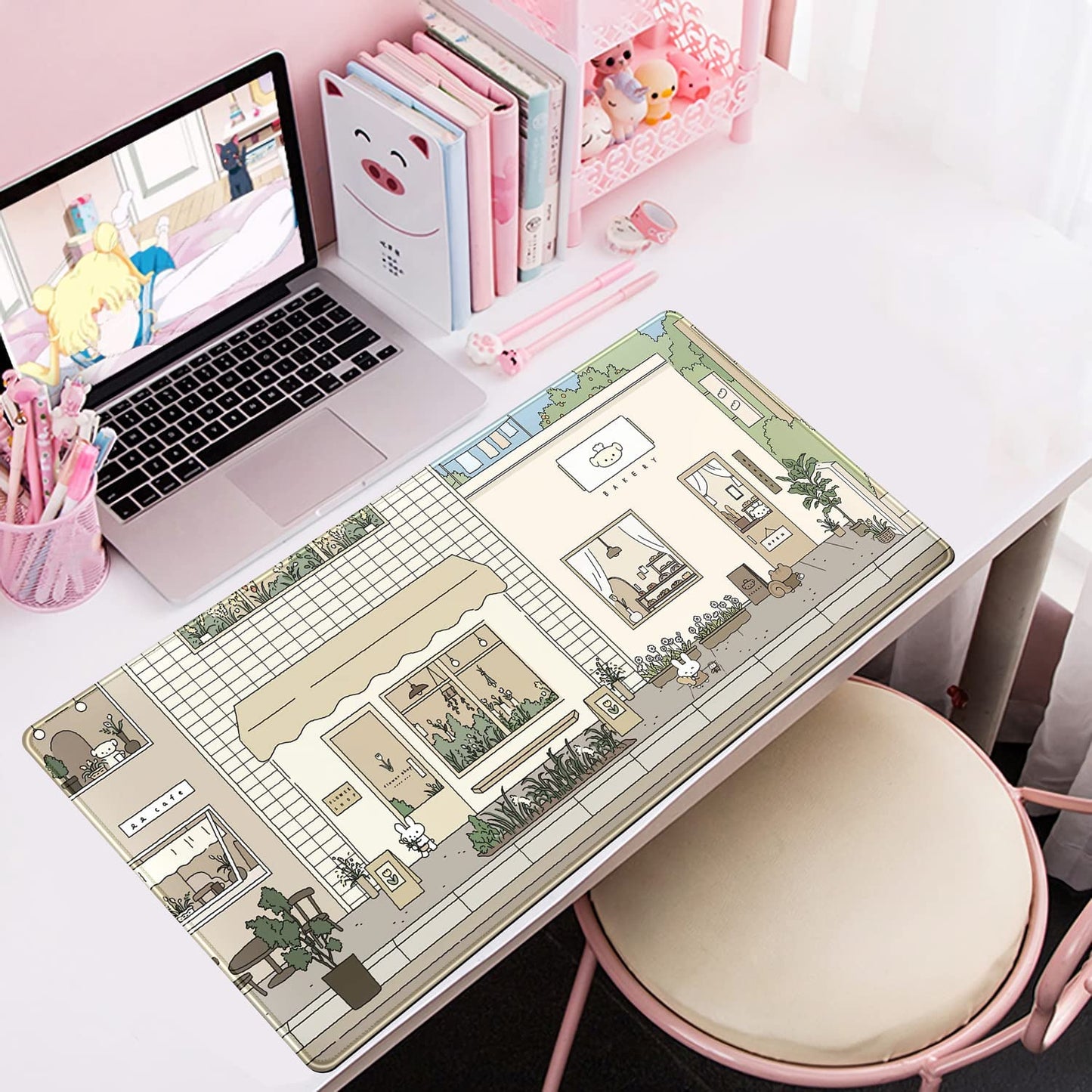 Cute Desk Mat Kawaii Mousepad Bunny and Bear Cute Anime Japanese Street Pastel Beige Brown and Green Mouse Pad, Extra Large Deskmat Cut Laptop Pad