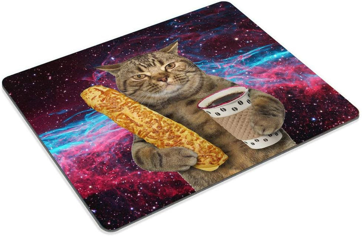 Funny Cat Mousepad,The Cat Is Holding a Cup of Black Coffee and a Baguette with Galaxy Design Customized Rectangle Non-Slip Rubber Mousepad Gaming Mouse Pad