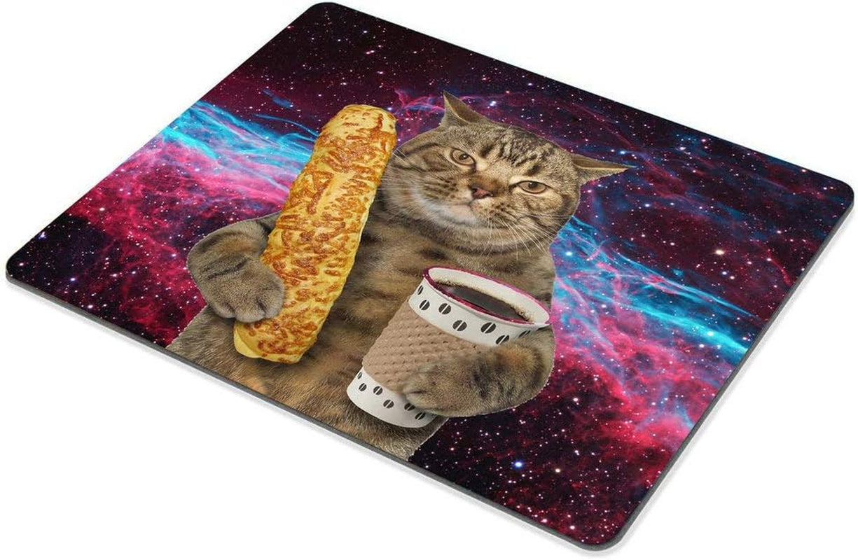 Funny Cat Mousepad,The Cat Is Holding a Cup of Black Coffee and a Baguette with Galaxy Design Customized Rectangle Non-Slip Rubber Mousepad Gaming Mouse Pad