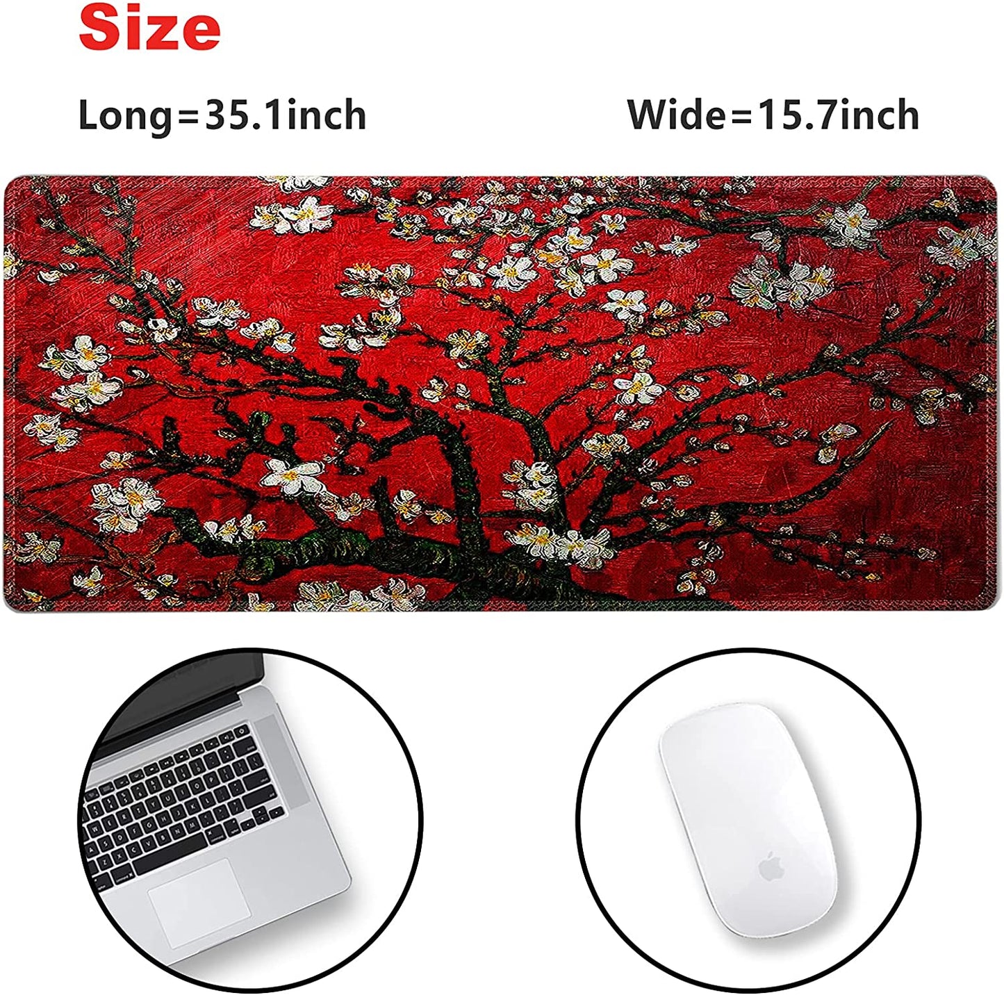 Extended Gaming Mouse Pad XXL Large Keyboard Mat Long Mousepad Desk Decor Writing Pad Non Slip Rubber Base Stitched Edges for Work, Game, Office, Home, 35.1" X 15.7", Red Painting