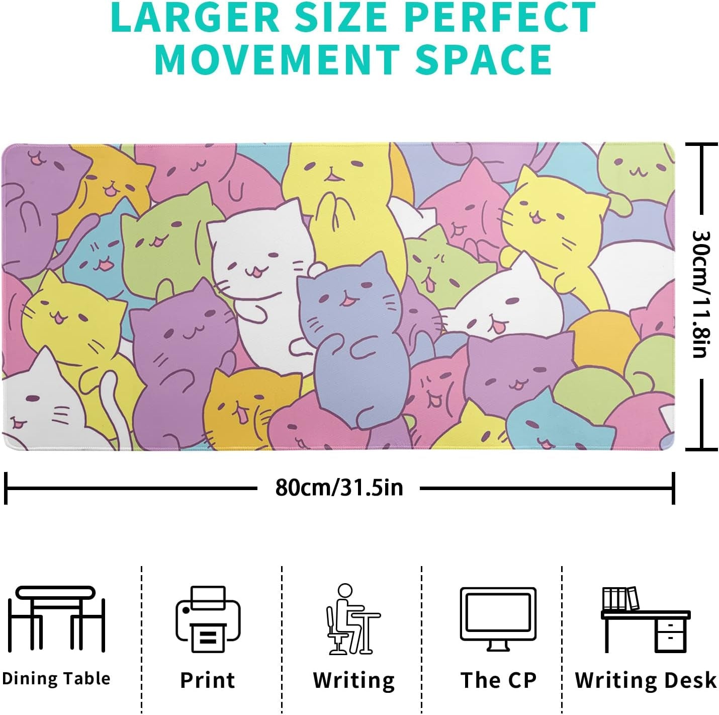 Kawaii Cats Gaming Mouse Pad, Extended Large Mouse Mat Desk Pad, Big Computer Keyboard Desk Pad, Stitched Edges Mousepad, 3Mm Thick Long Non-Slip Rubber Base Mice Pad, 31.5 X 11.8 Inch1