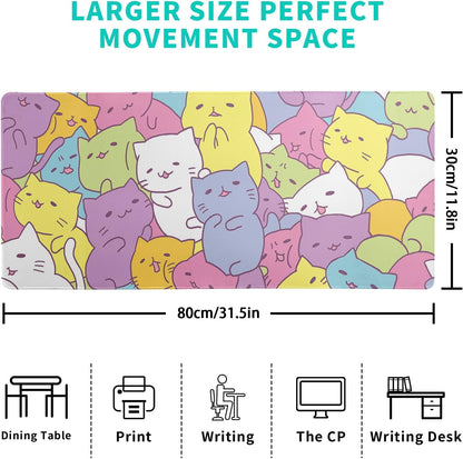 Kawaii Cats Gaming Mouse Pad, Extended Large Mouse Mat Desk Pad, Big Computer Keyboard Desk Pad, Stitched Edges Mousepad, 3Mm Thick Long Non-Slip Rubber Base Mice Pad, 31.5 X 11.8 Inch1